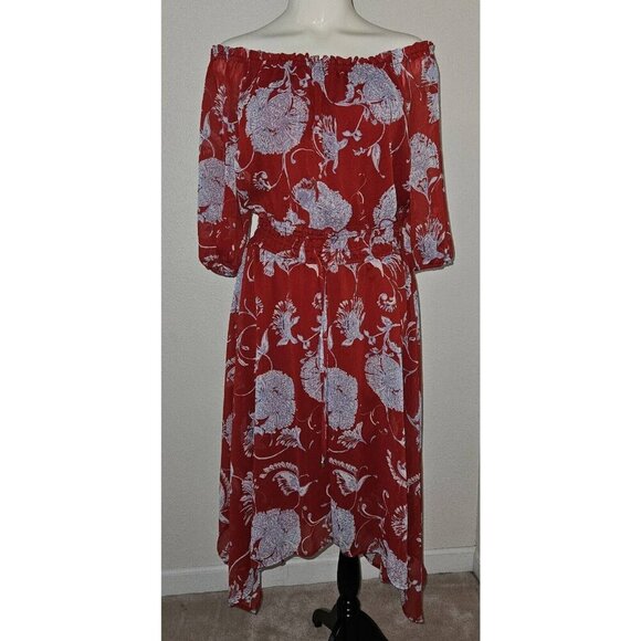 Tommy Hilfiger Red Blue Floral Dress Off Shoulder Asymmetrical Hem Size 4 - Picture 1 of 15